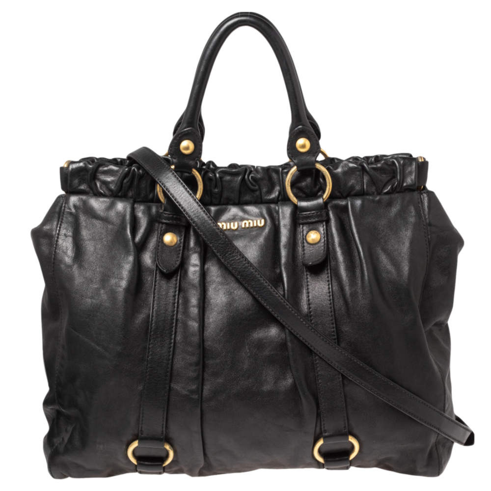 Pre Owned Miu Miu Black Leather Gathered Tote