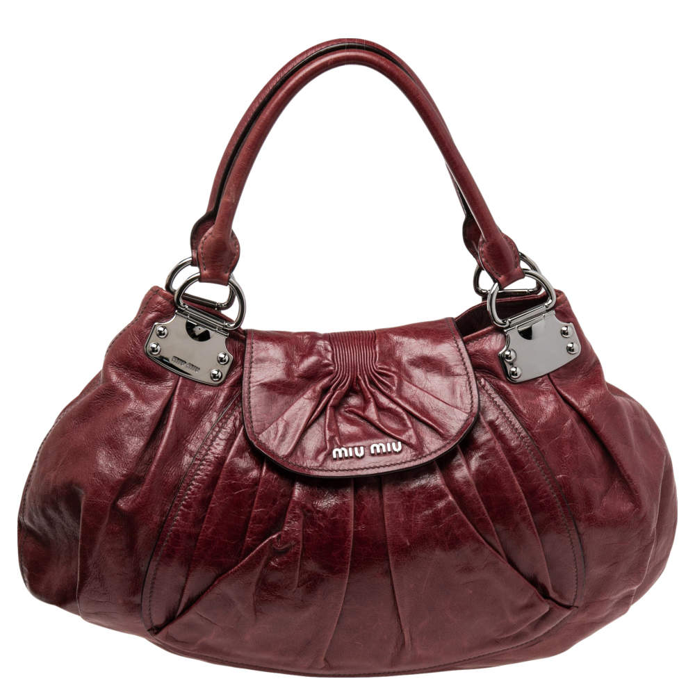 Pre Owned Miu Miu Burgundy Leather Ruched Front Pocket Shoulder Bag
