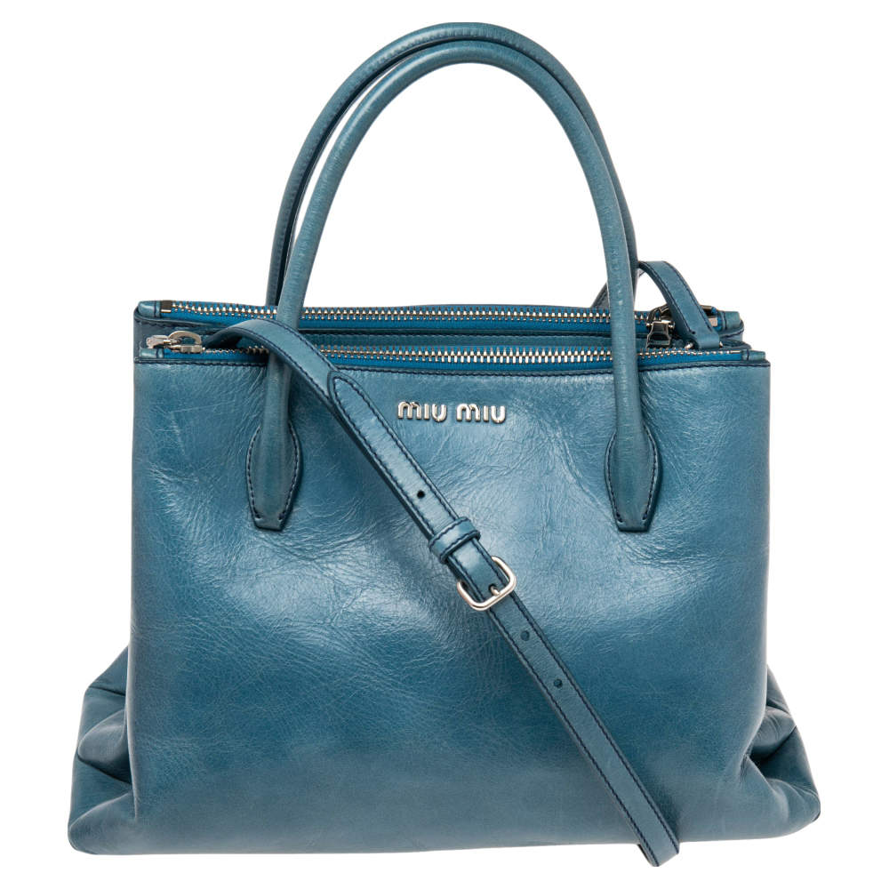 Pre Owned Miu Miu Blue Vitello Shine Leather Double Zip Tote