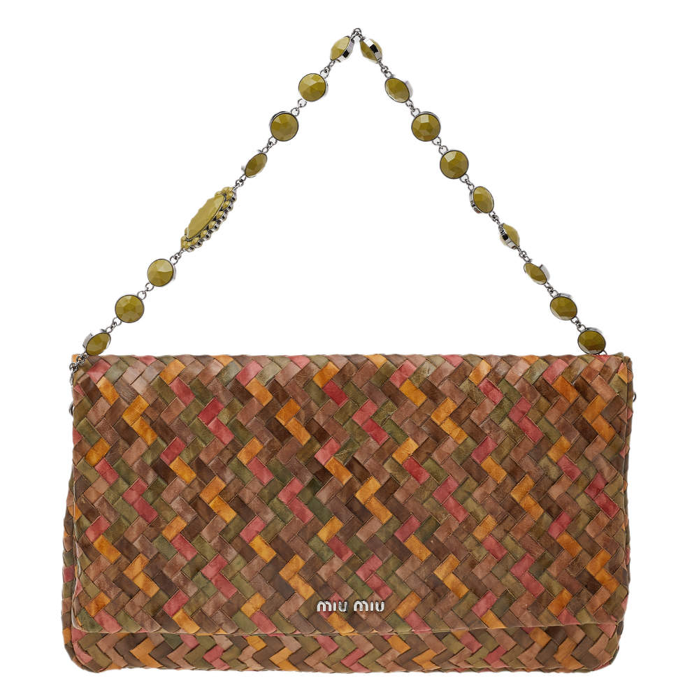 Pre Owned Miu Miu Multicolor Woven Leather Embellished Flap Shoulder Bag