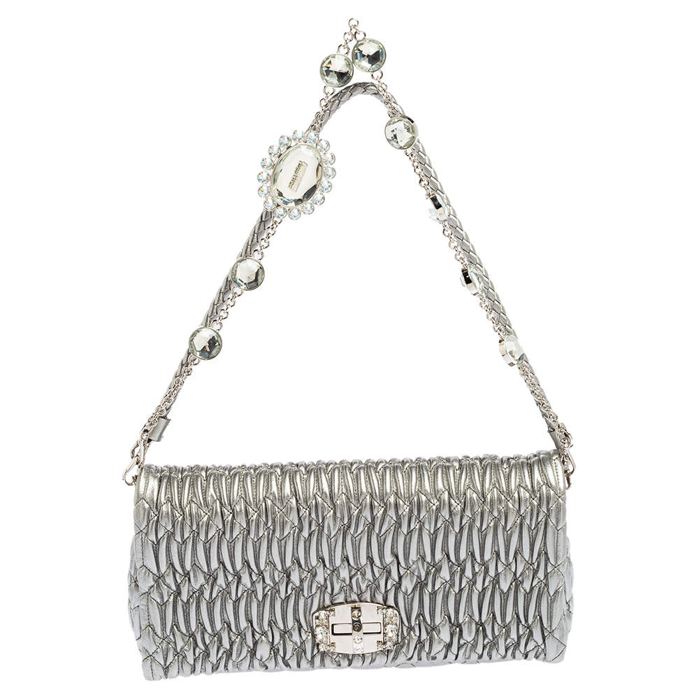 Pre Owned Miu Miu Silver Cloquet Nappa Crystal Leather Clutch Bag