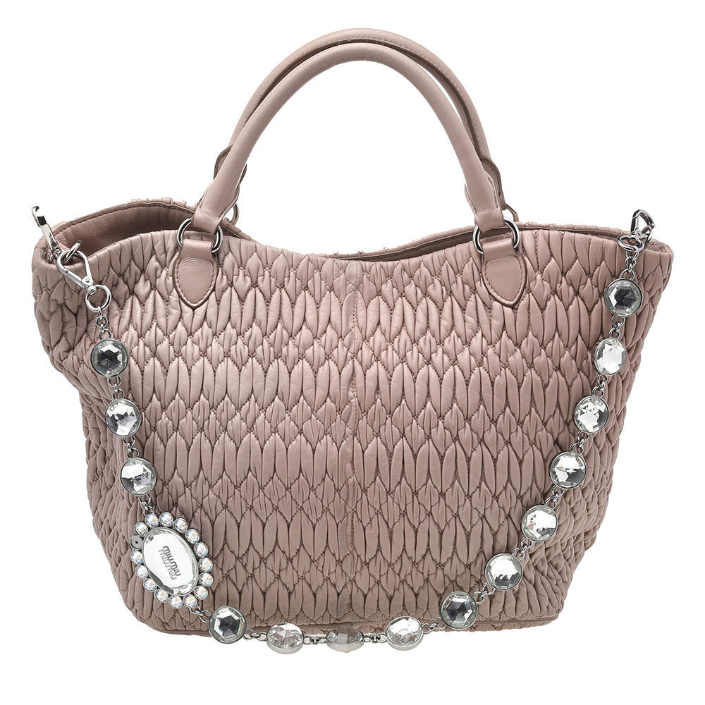 Pre Owned Miu Miu Beige Leather Matelassé Crystal Embellished Tote