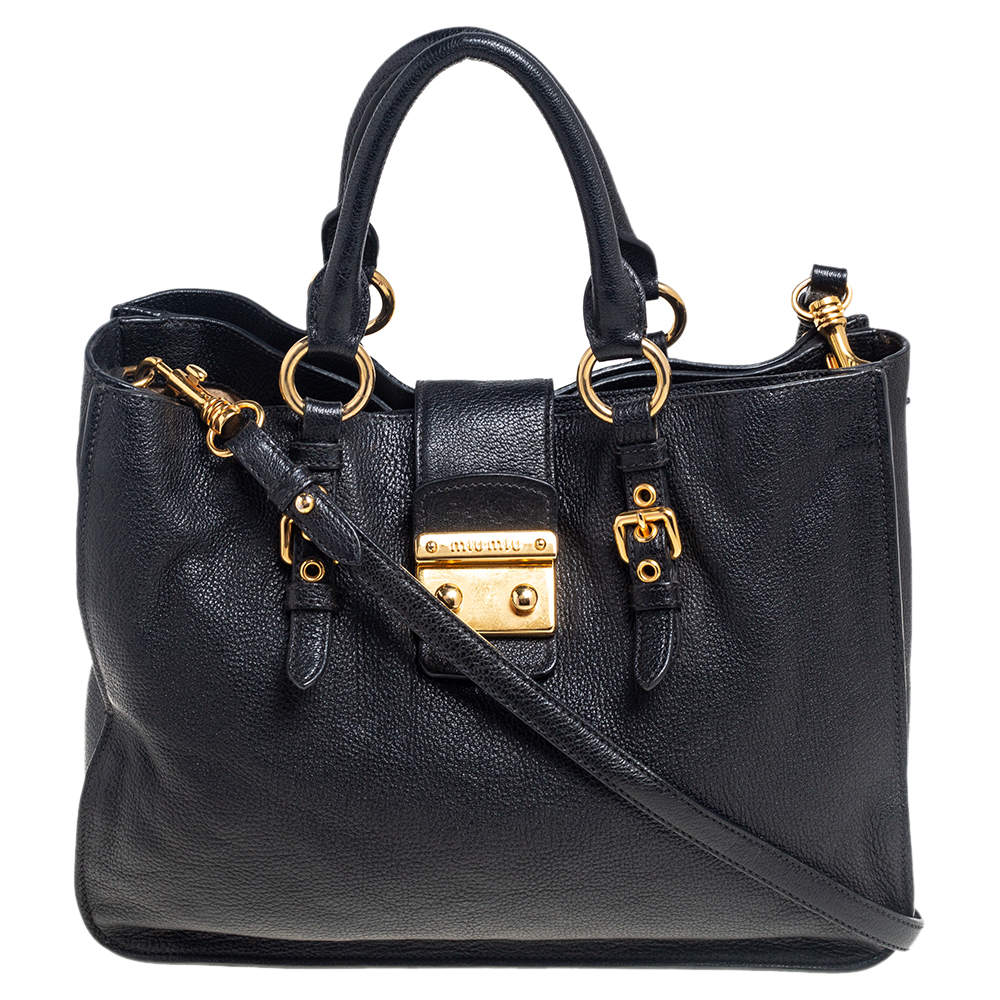 Pre Owned Miu Miu Black Leather Large Madras Tote 