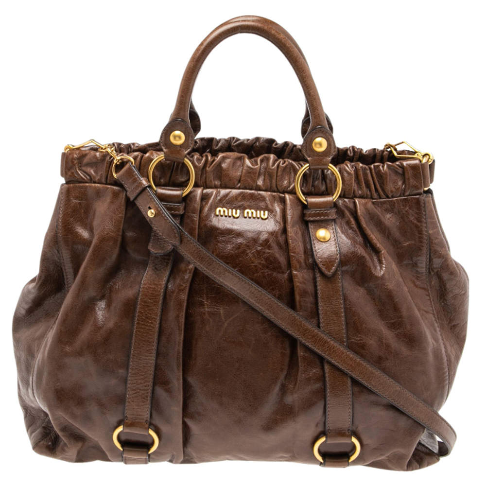 Pre Owned Miu Miu Brown Vitello Shine Leather Gathered Tote