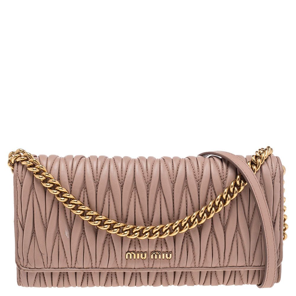 Miu Miu Beige Matelassé Leather Flap Wallet on Chain