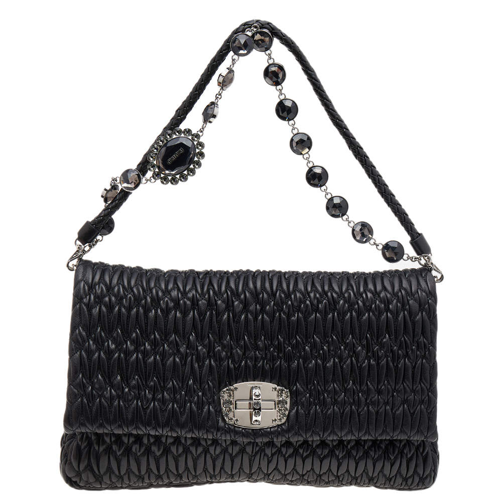 Pre Owned Miu Miu Black Matelassé Nappa Leather Crystal Shoulder Bag