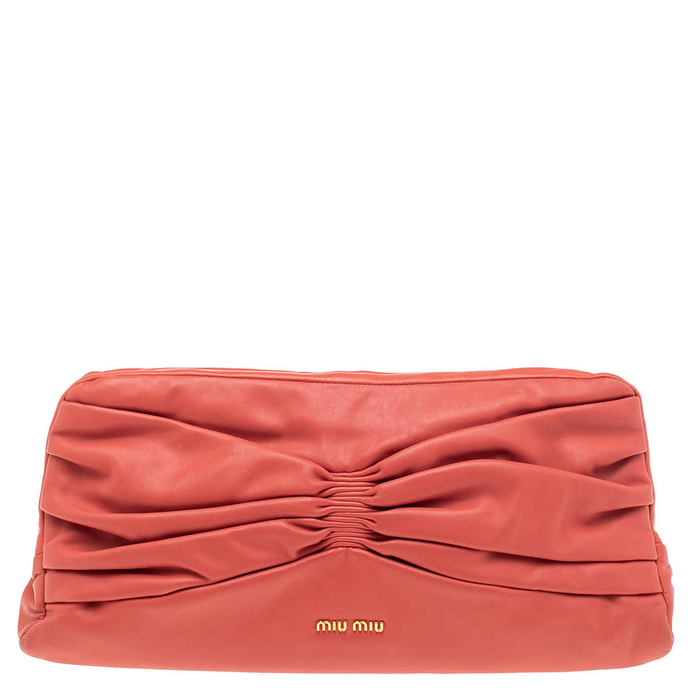 Miu Miu Coral Orange Leather Bow Kiss Lock Clutch