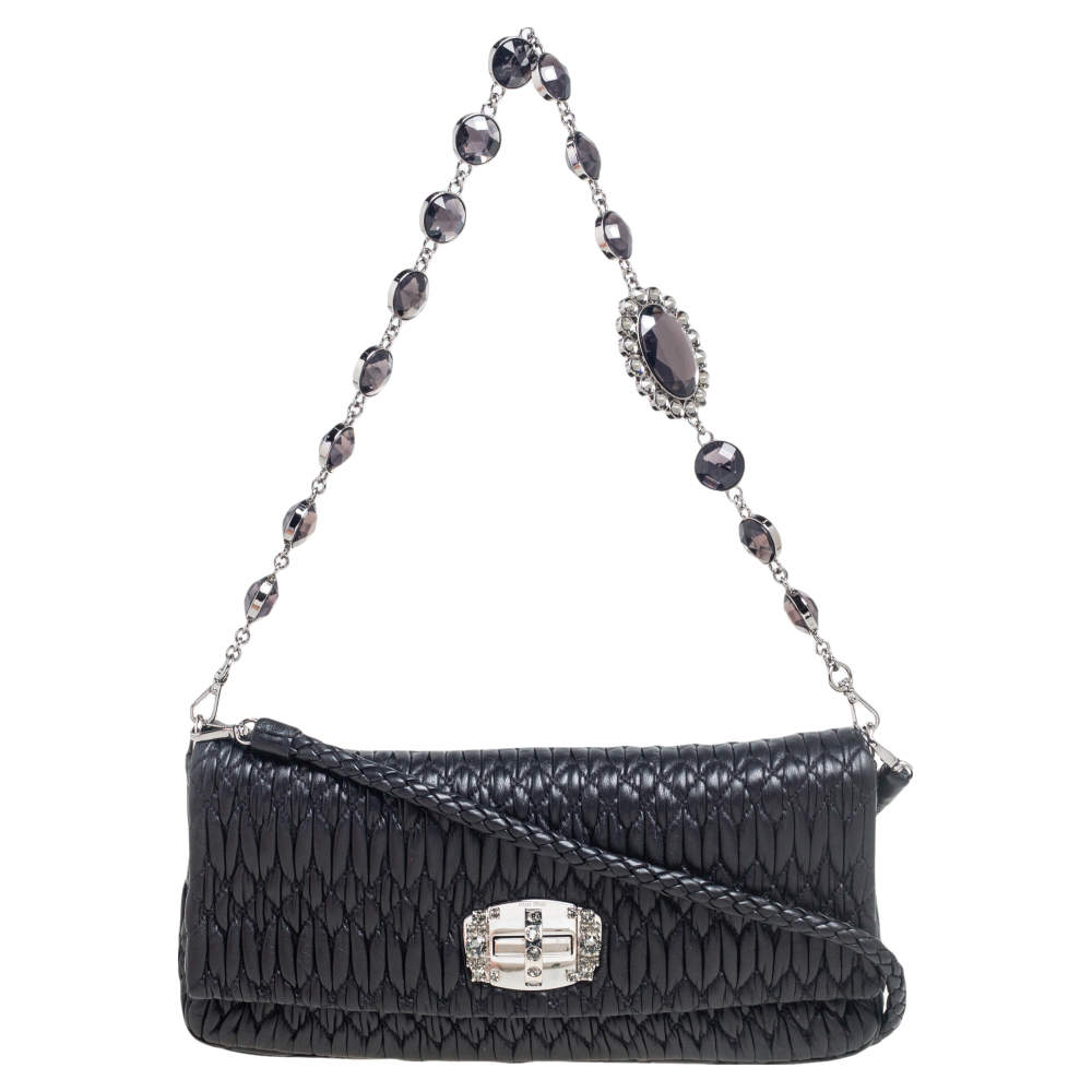 Miu Miu Dark Blue Matelassé Leather Crystal Shoulder Bag