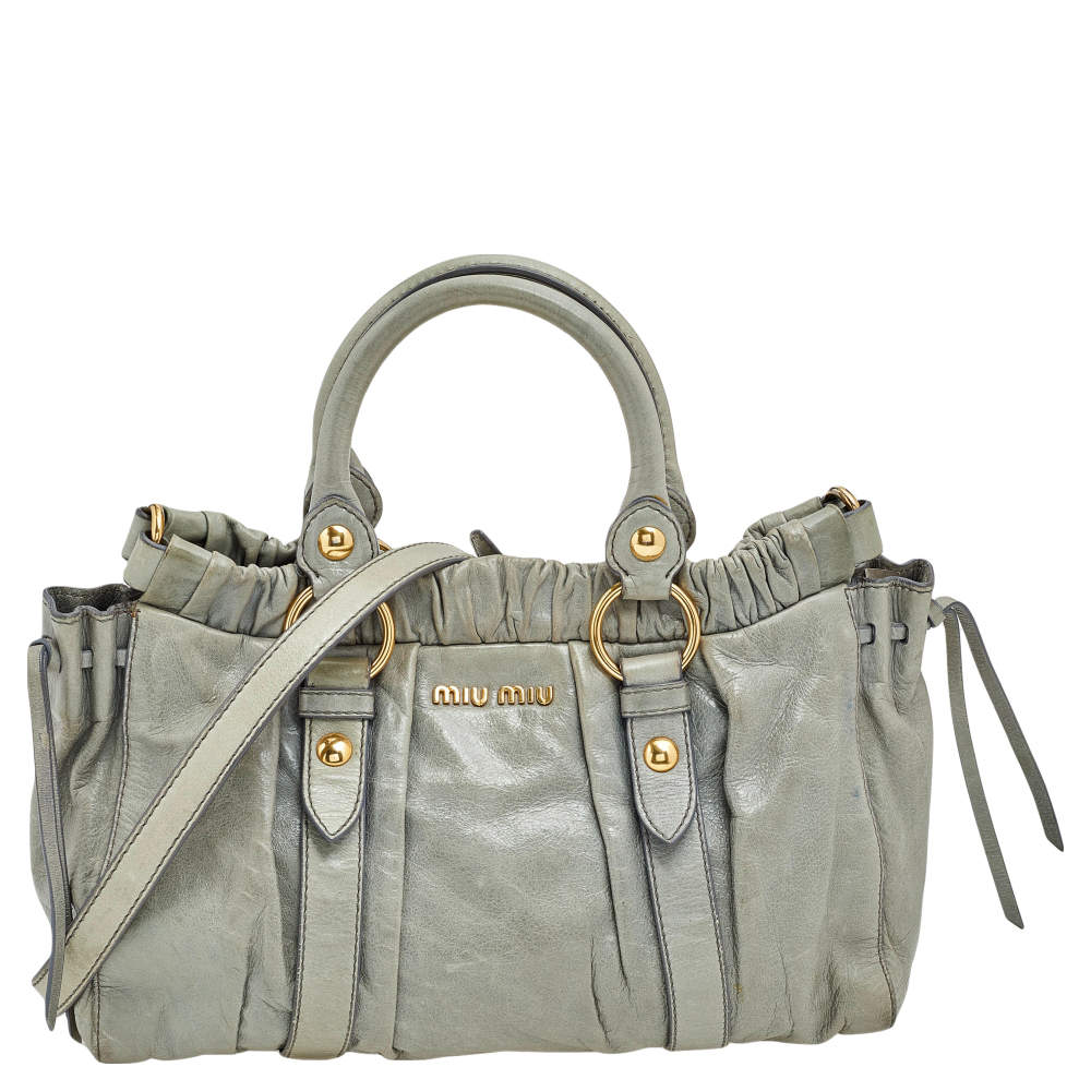 Pre Owned Miu Miu Light Olive Leather Gathered Tote