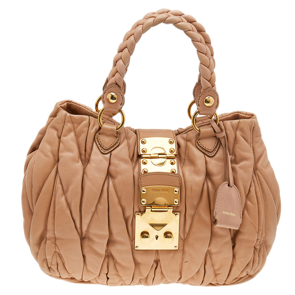Pre Owned Miu Miu Beige Matelassé Leather Coffer Two Way Satchel