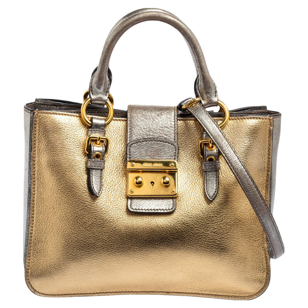 Miu Miu Silver/Gold Madras Leather Push Lock Tote
