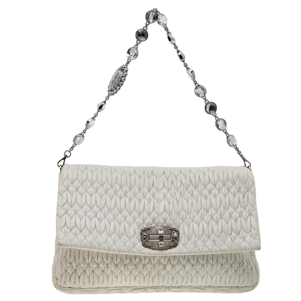 Pre Owned Miu Miu White Matelassé Leather Crystal Embellished Shoulder Bag