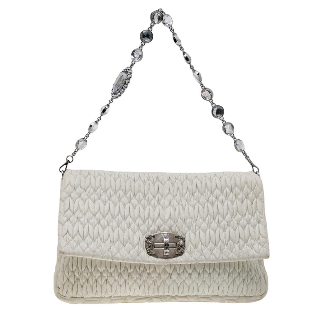 Miu Miu White Matelassé Leather Crystal Embellished Shoulder Bag Miu ...