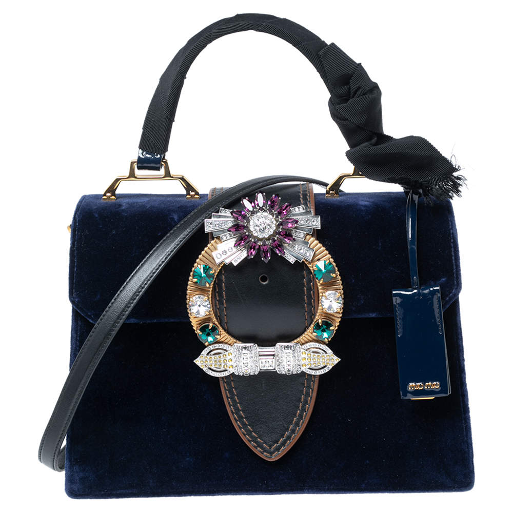 مملوكة مسبقًا Miu Miu Blue Velvet Crystal Embellished Buckle Flap Top Handle Bag