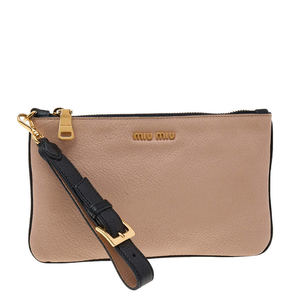 Pre Owned Miu Miu Beige/Black Madras Leather Wristlet Clutch