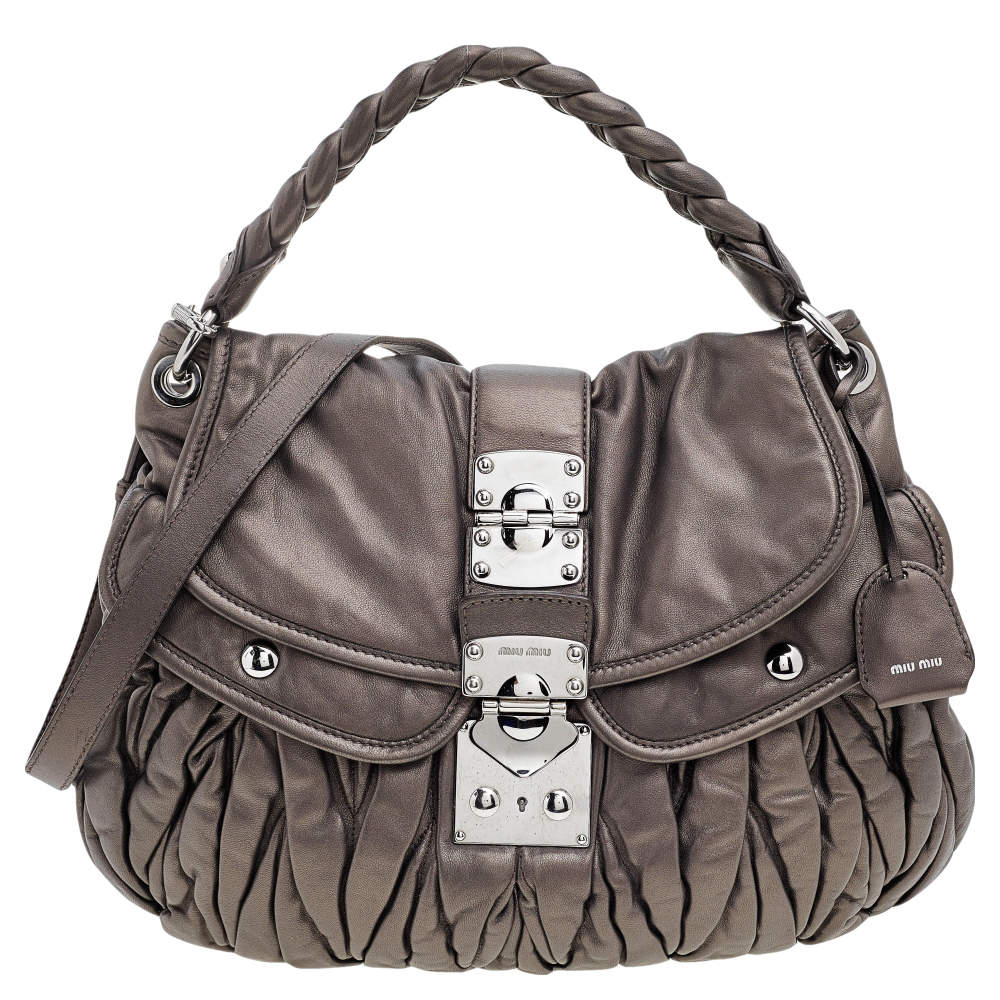 مملوكة مسبقًا Miu Miu Metallic Dark Grey Matelassé Lux Leather Coffer Hobo