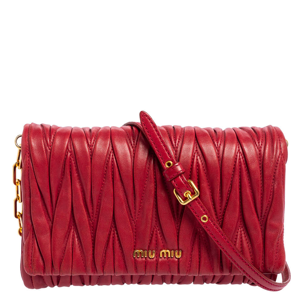 Pre Owned Miu Miu Burgundy Matelasse Leather Flap Shoulder Bag
