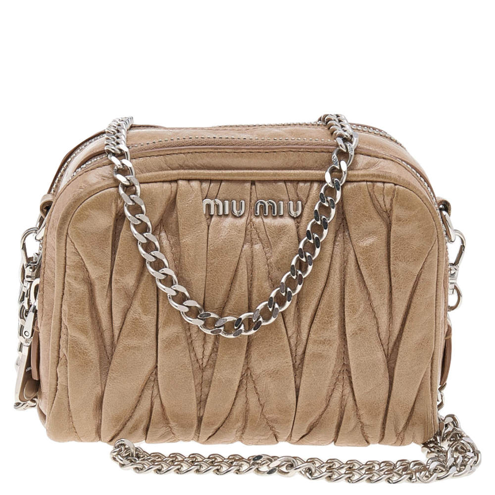 Pre Owned Miu Miu Beige Matelassé Leather Double Zip Crossbody Bag