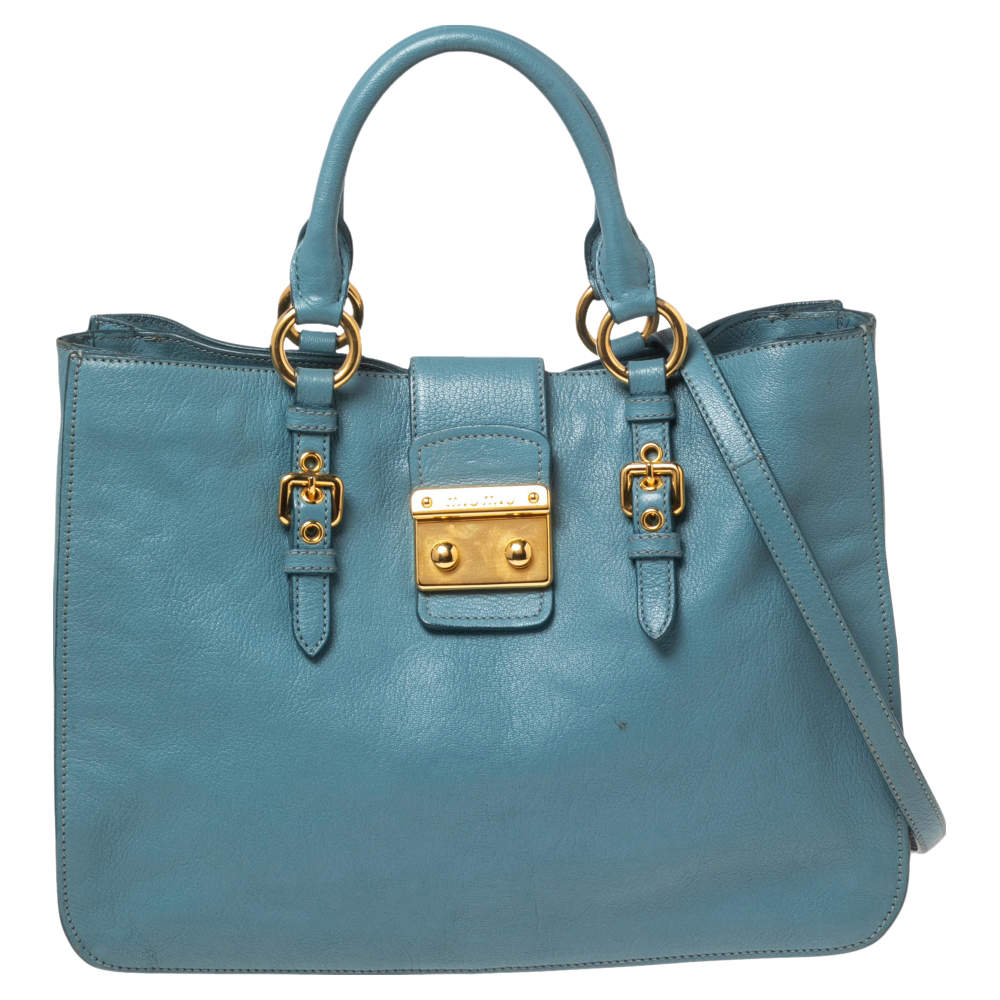 Miu Miu Blue Madras Leather Tote