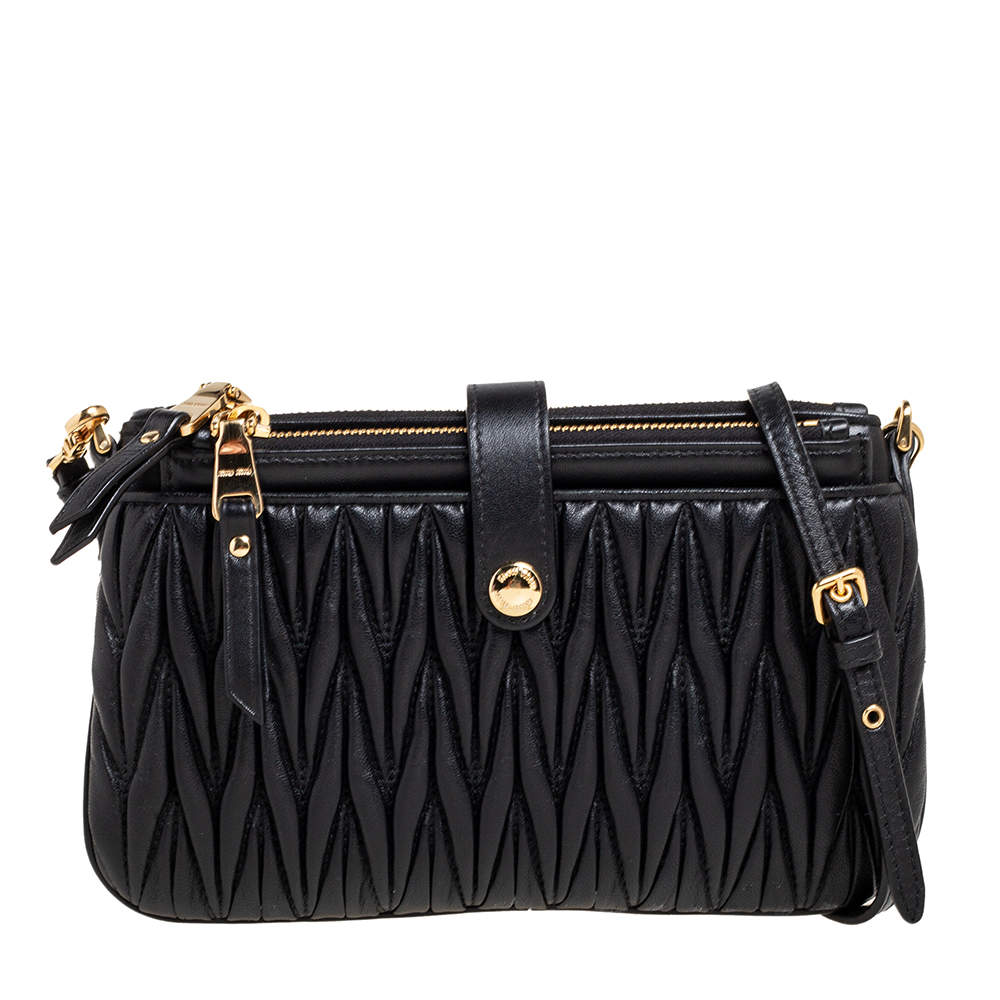 Pre Owned Miu Miu Black Matelassé Leather Zip Crossbody Bag