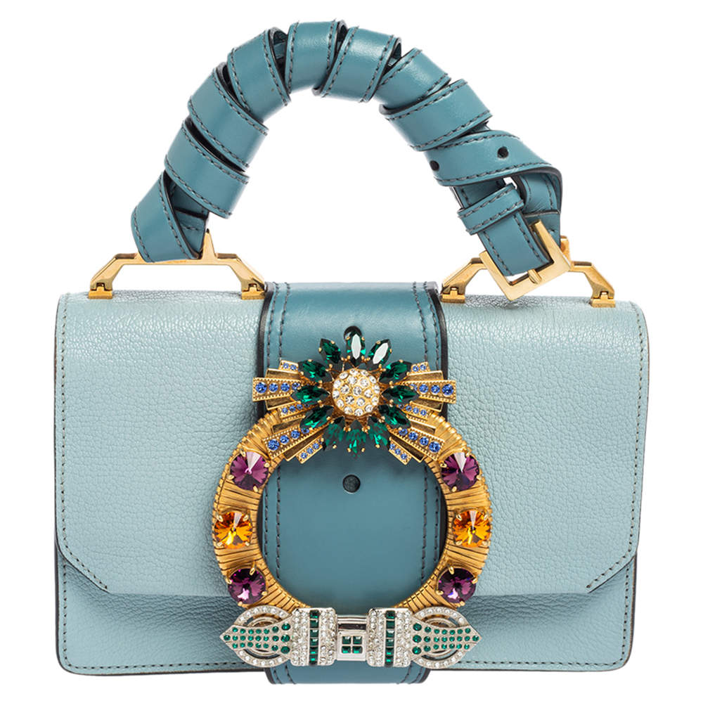 Miu Miu Two Tone Blue Leather Crystal Embellished Flap Top Handle Bag