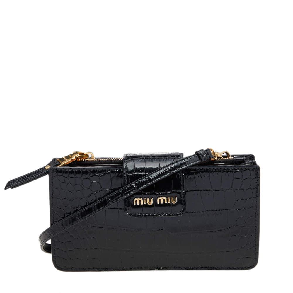 Miu Miu Black Croc Embossed Leather Crossbody Bag