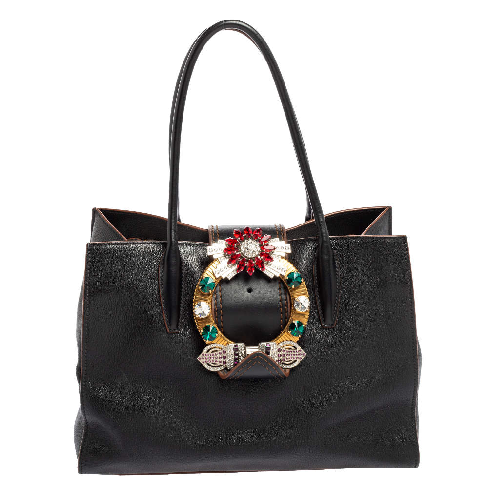 Pre Owned Miu Miu Black Leather Crystal Embellished Buckle Flap Tote