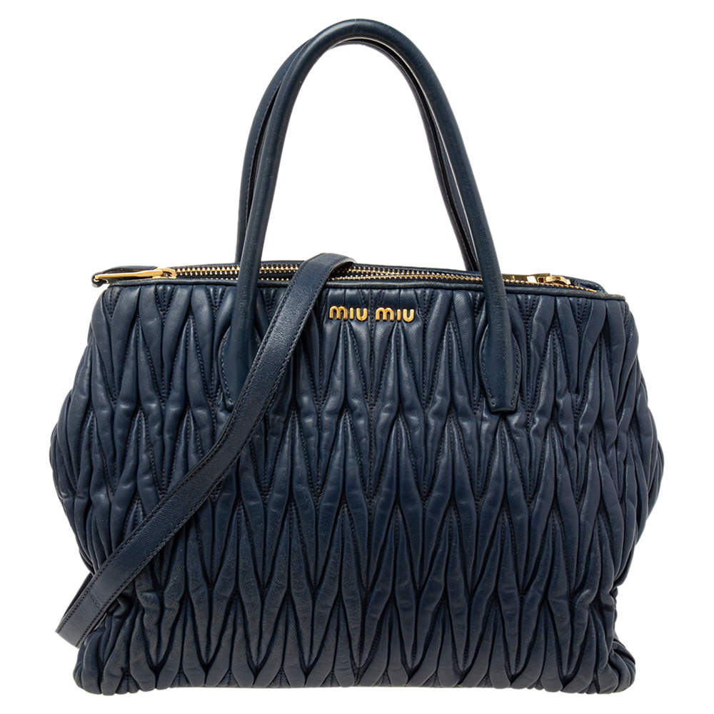 Miu Miu Navy Blue Matelassé Leather Tote