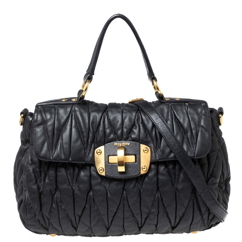 Miu Miu Black Matelassé Leather Flap Satchel