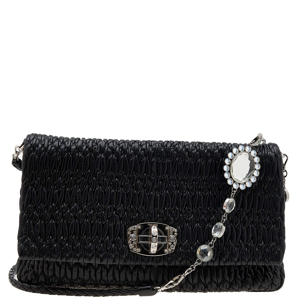 Pre Owned Miu Miu Black Matelassé Nappa Leather Crystal Shoulder Bag