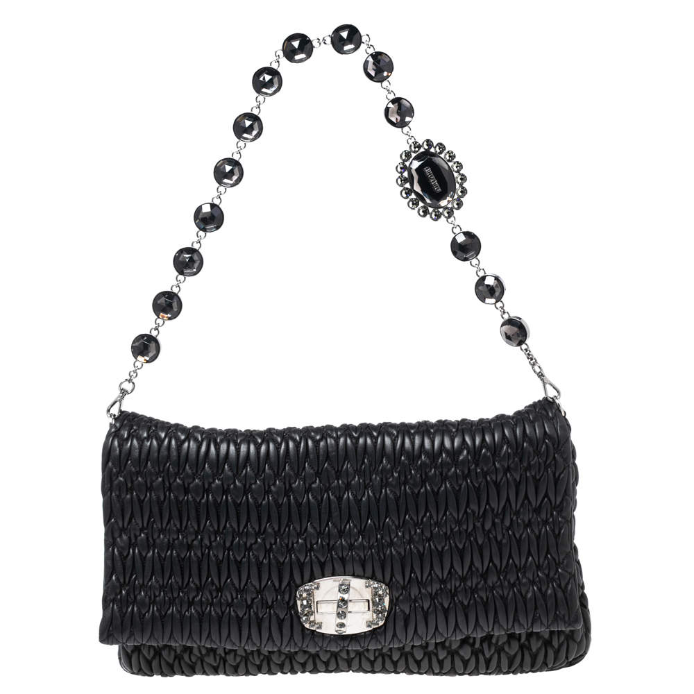 Pre Owned Miu Miu Black Matelassé Leather Crystal Flap Shoulder Bag 