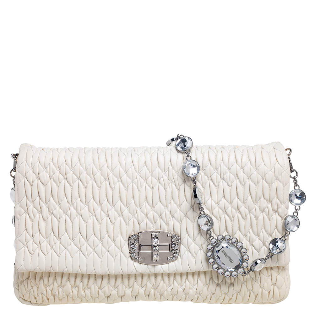 Miu Miu White Matelasse Leather Crystal Shoulder Bag