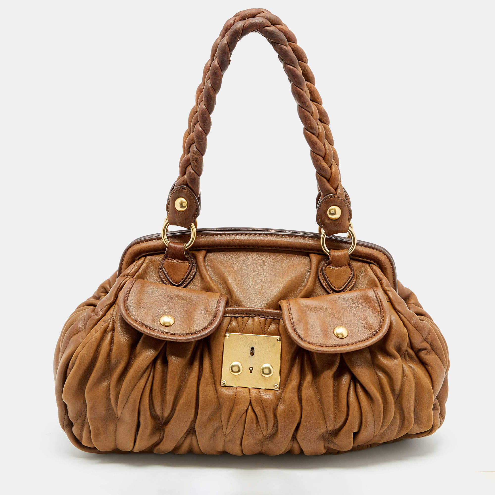 Miu Miu Brown Matelasse Leather Coffer Frame Satchel