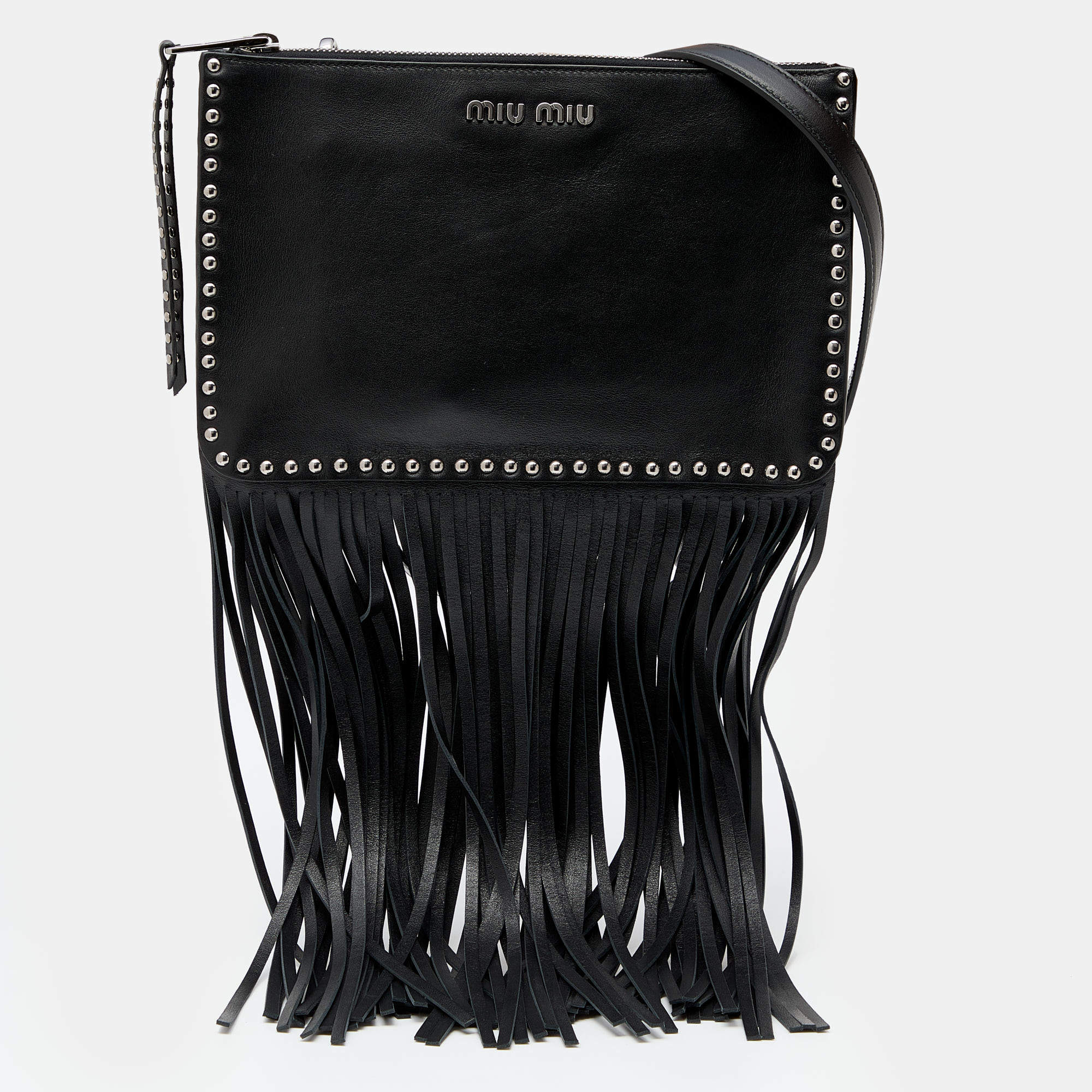 Pre Owned Miu Miu Black Leather Studded Fringe Crossbody Bag