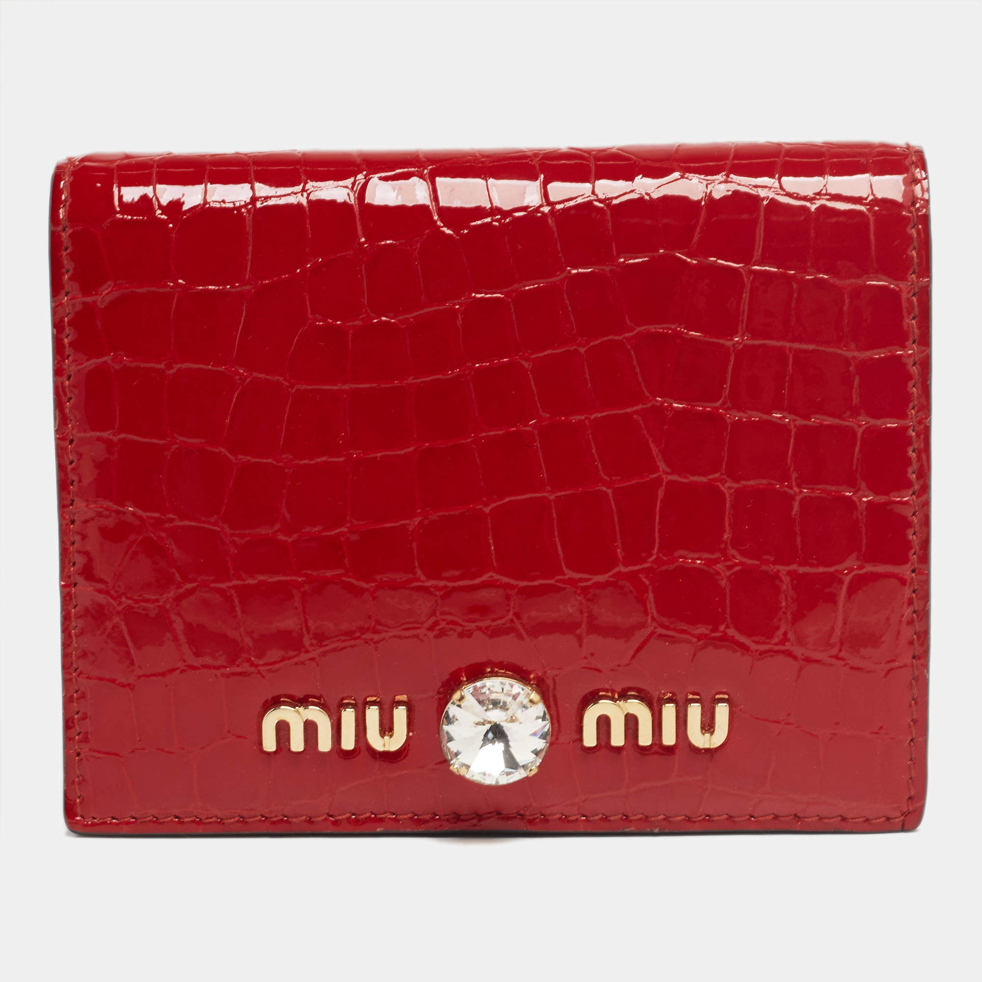 Miu Miu Red Croc Embossed Patent Leather Crystal Embellished Bifold Wallet