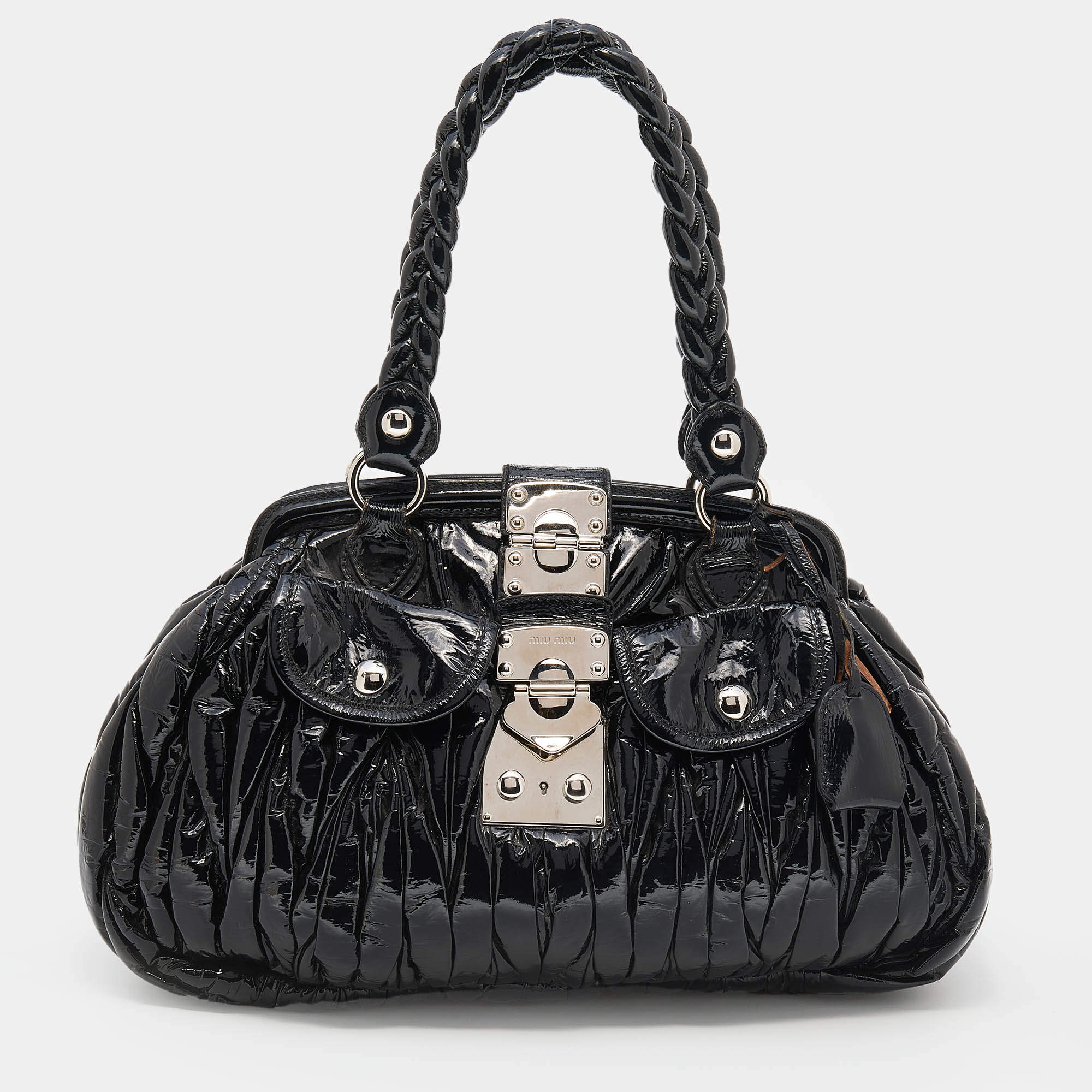 Miu Miu Black Matelassé Patent Leather Frame Satchel