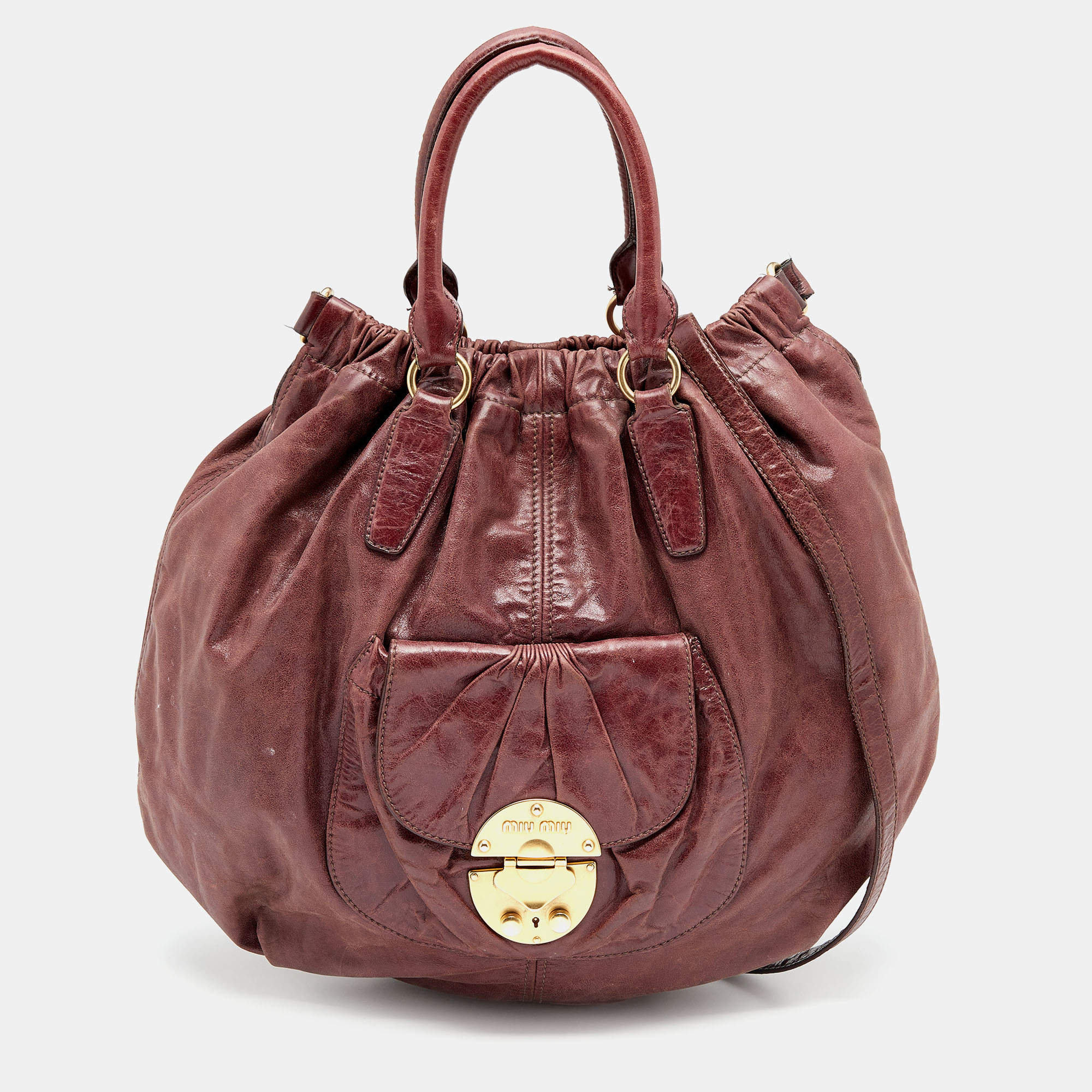 Miu Miu Brown Vitello Lux Leather Front Pocket Hobo