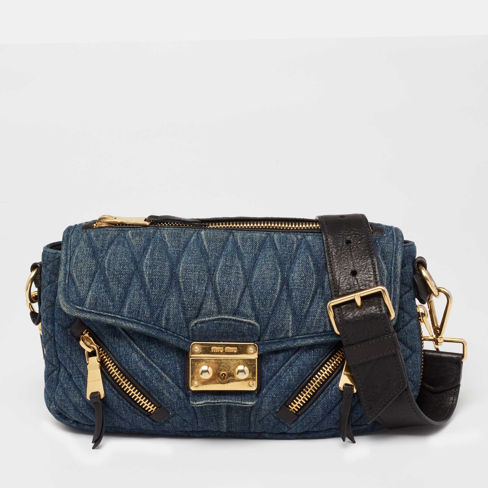 Pre Owned Miu Miu Blue Matelasse Denim Biker Shoulder Bag