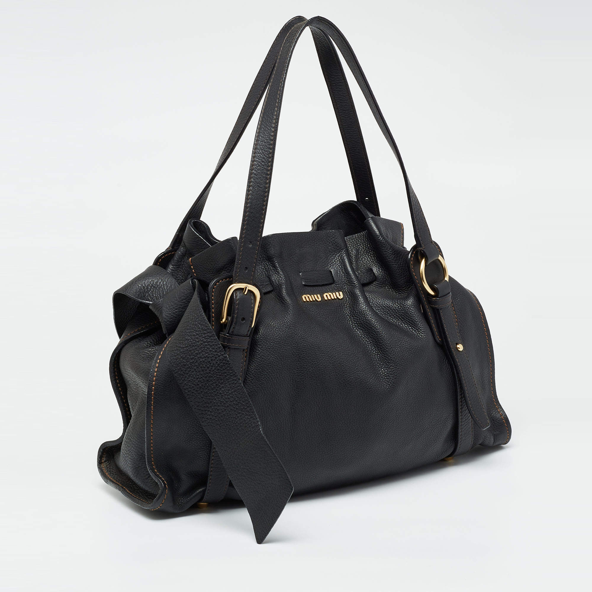 Miu Miu Black Leather Peggy Bow Shoulder Bag Pony-style calfskin