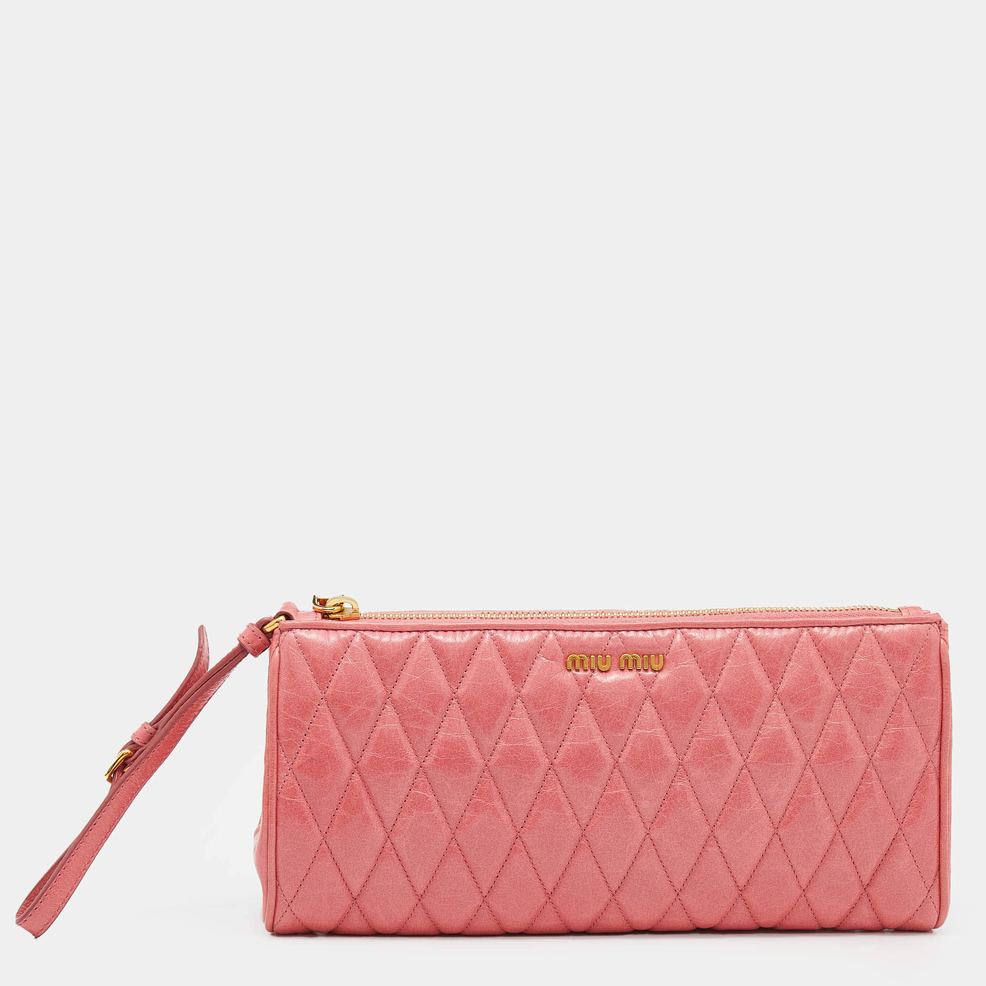 Miu Miu Pink Matelasse Leather Top Zip Clutch