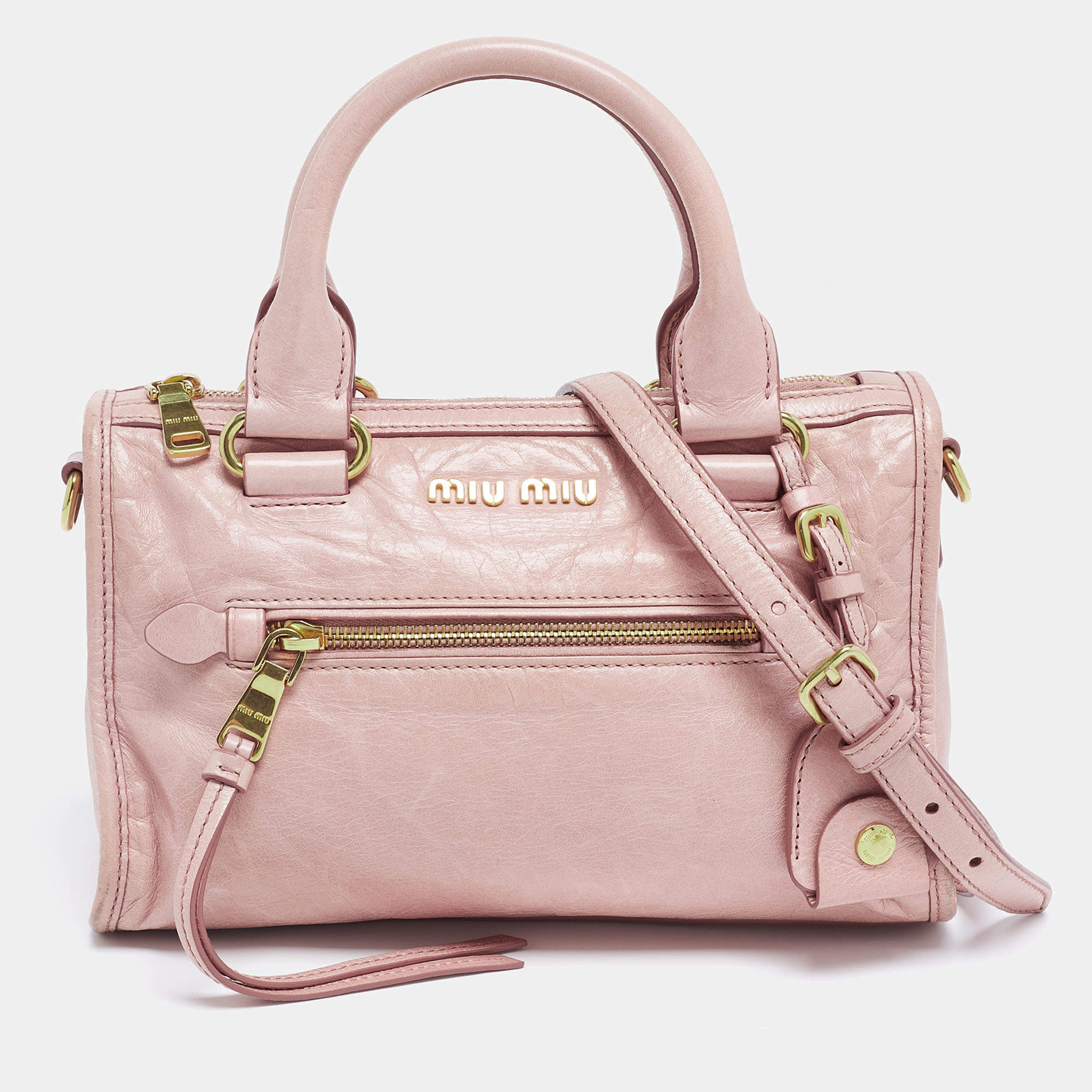 Pre Owned Miu Miu Pink Vitello Shine Leather Bauletto Satchel