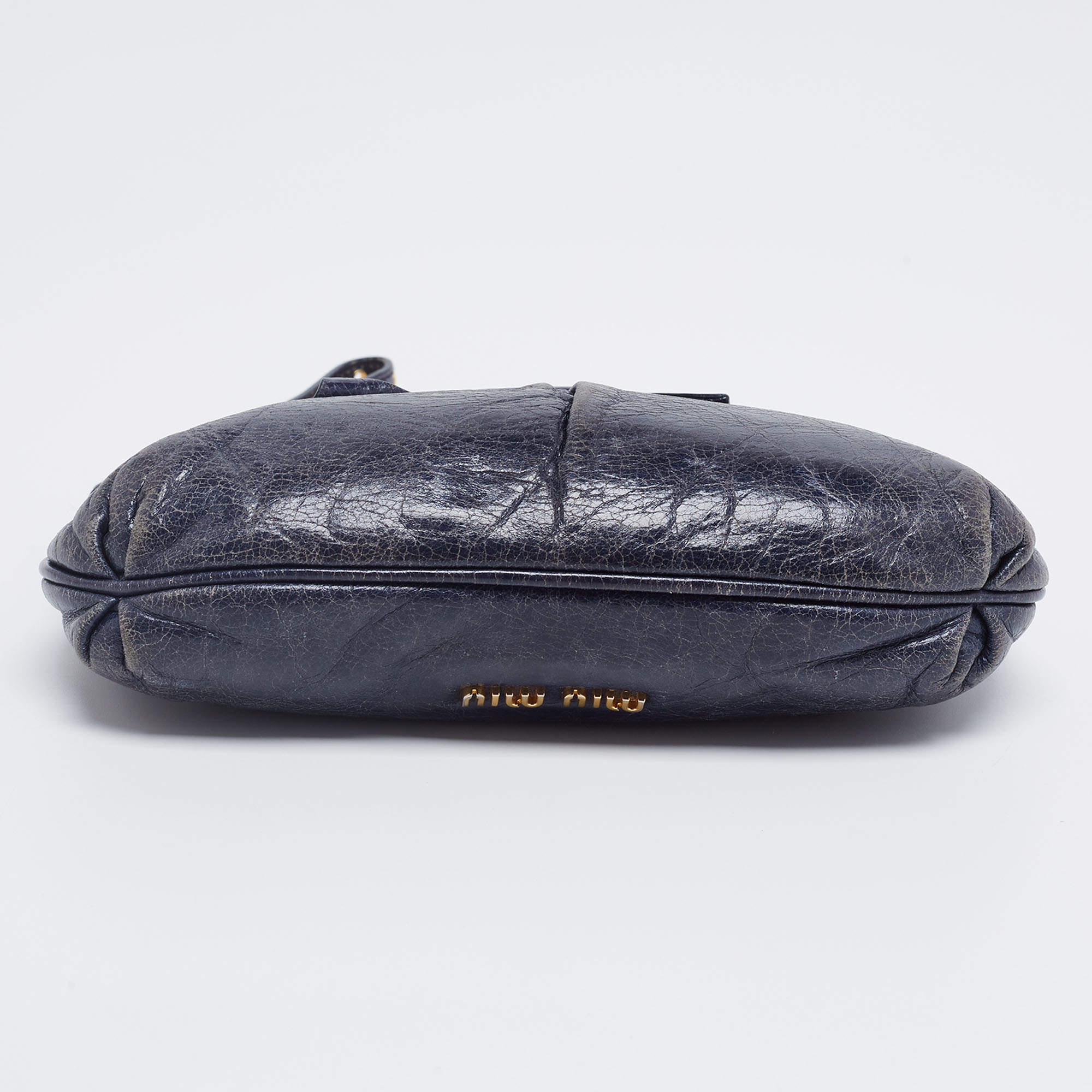Pre Owned Miu Miu Navy Blue Leather Bow Wristlet Clutch