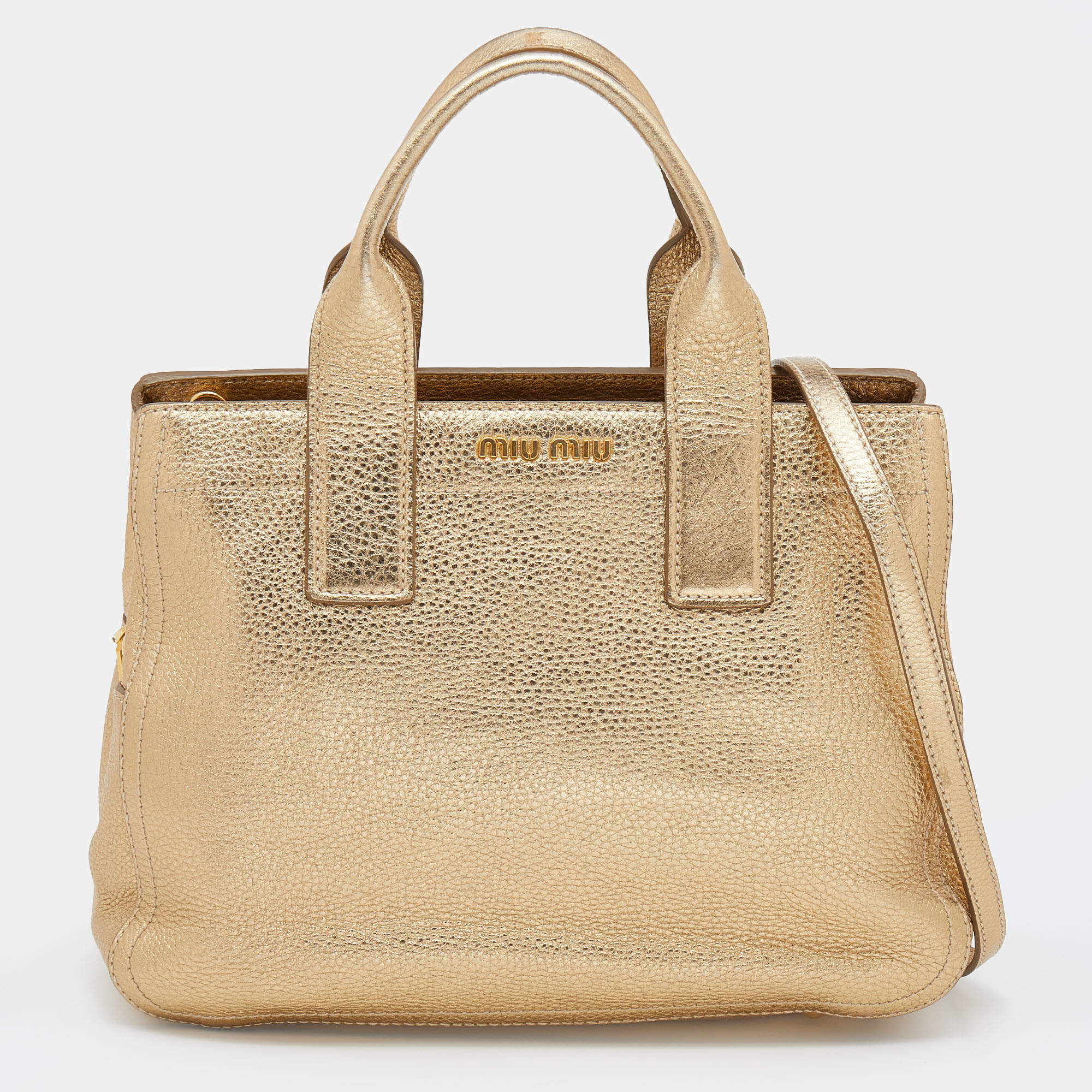 Miu Miu Metallic Gold Vitello Caribu Leather Satchel