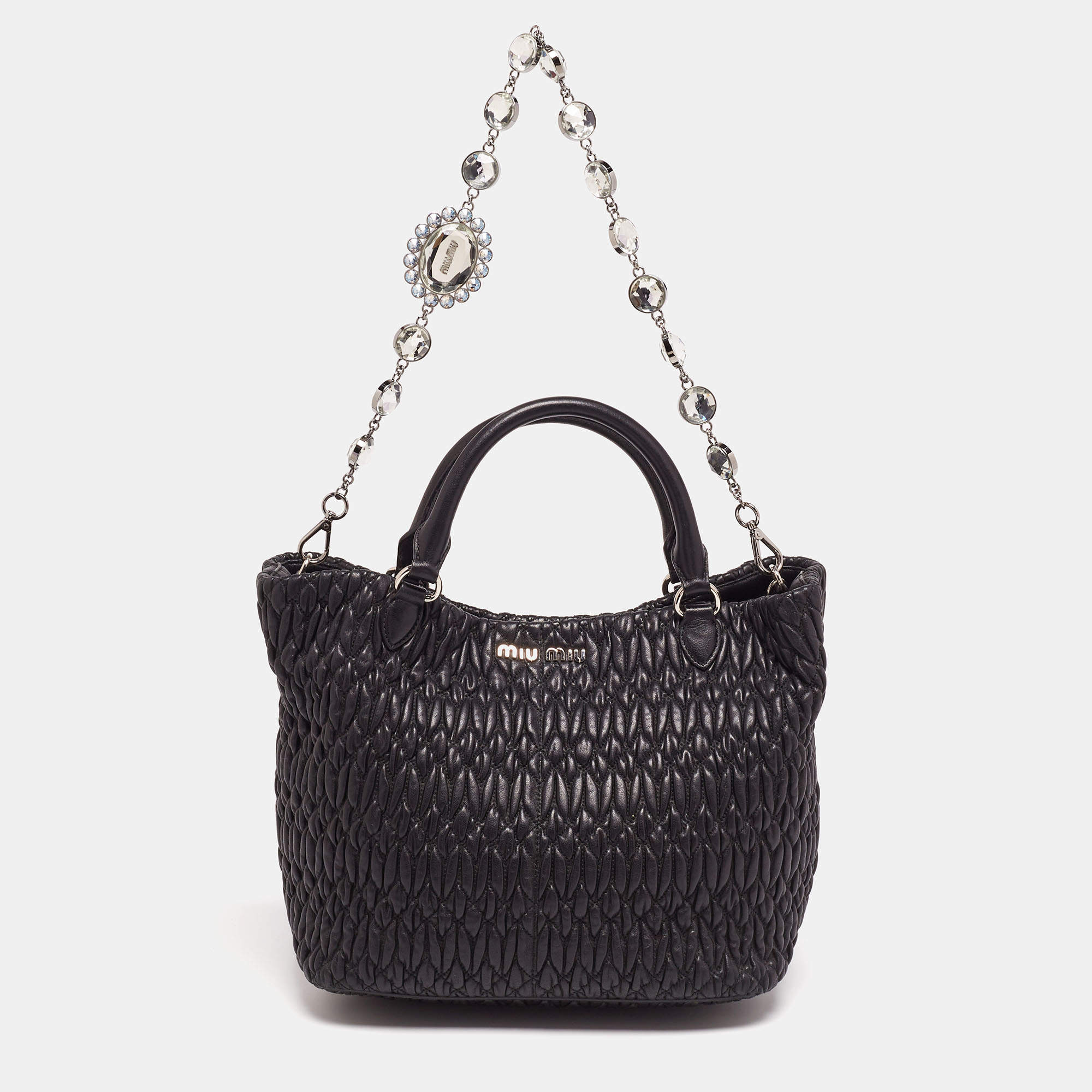 Pre Owned Miu Miu Black Matelasse Leather Swarovski Crystal Convertible Tote
