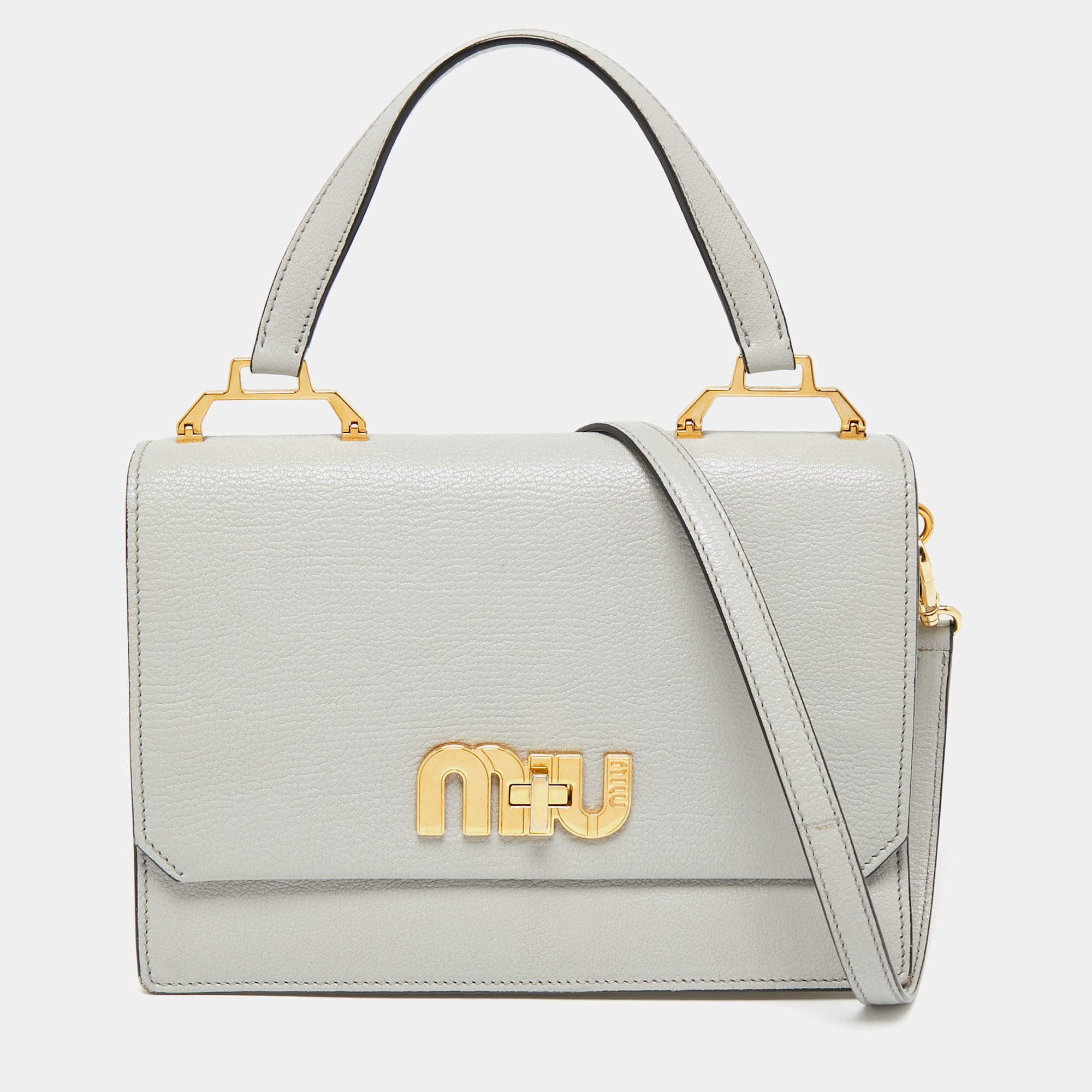 Pre Owned Miu Miu Grey/Off White Leather Madras Top Handle Bag