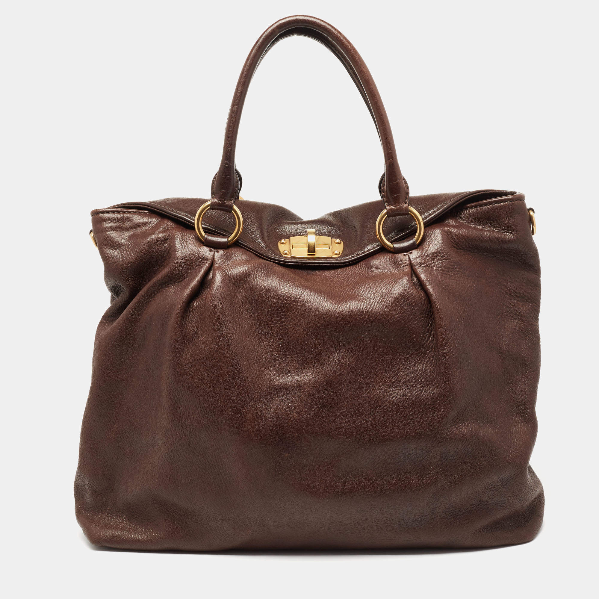 Pre Owned Miu Miu Dark Brown Leather Turnlock Flap Tote