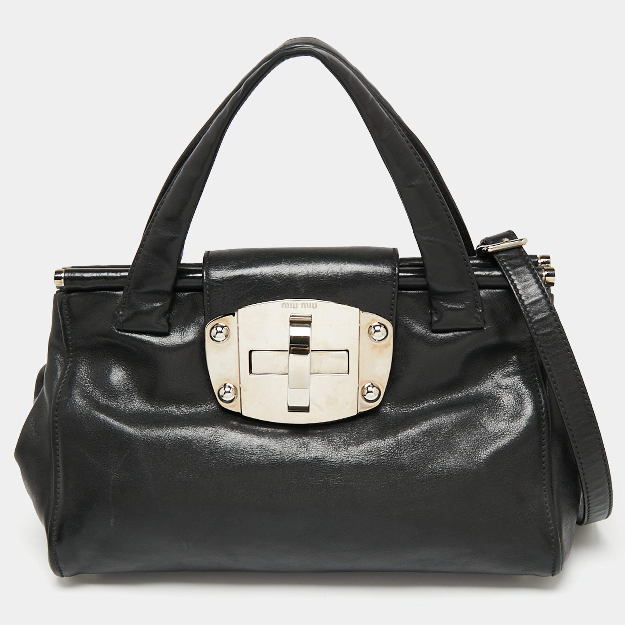 Miu Miu Black Leather Turnlock Flap Tote