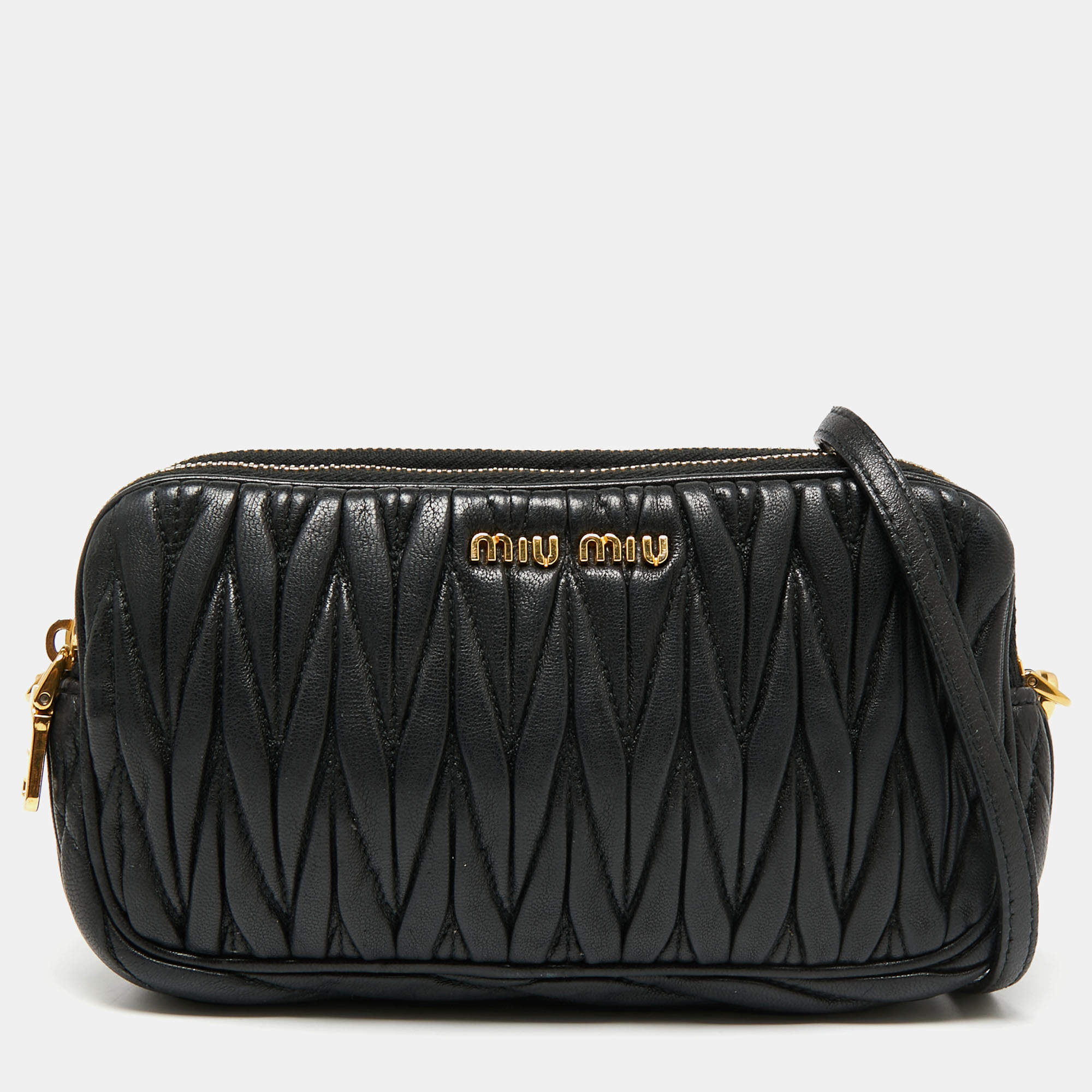 Miu Miu Black Matelasse Leather Double Zip Crossbody Bag