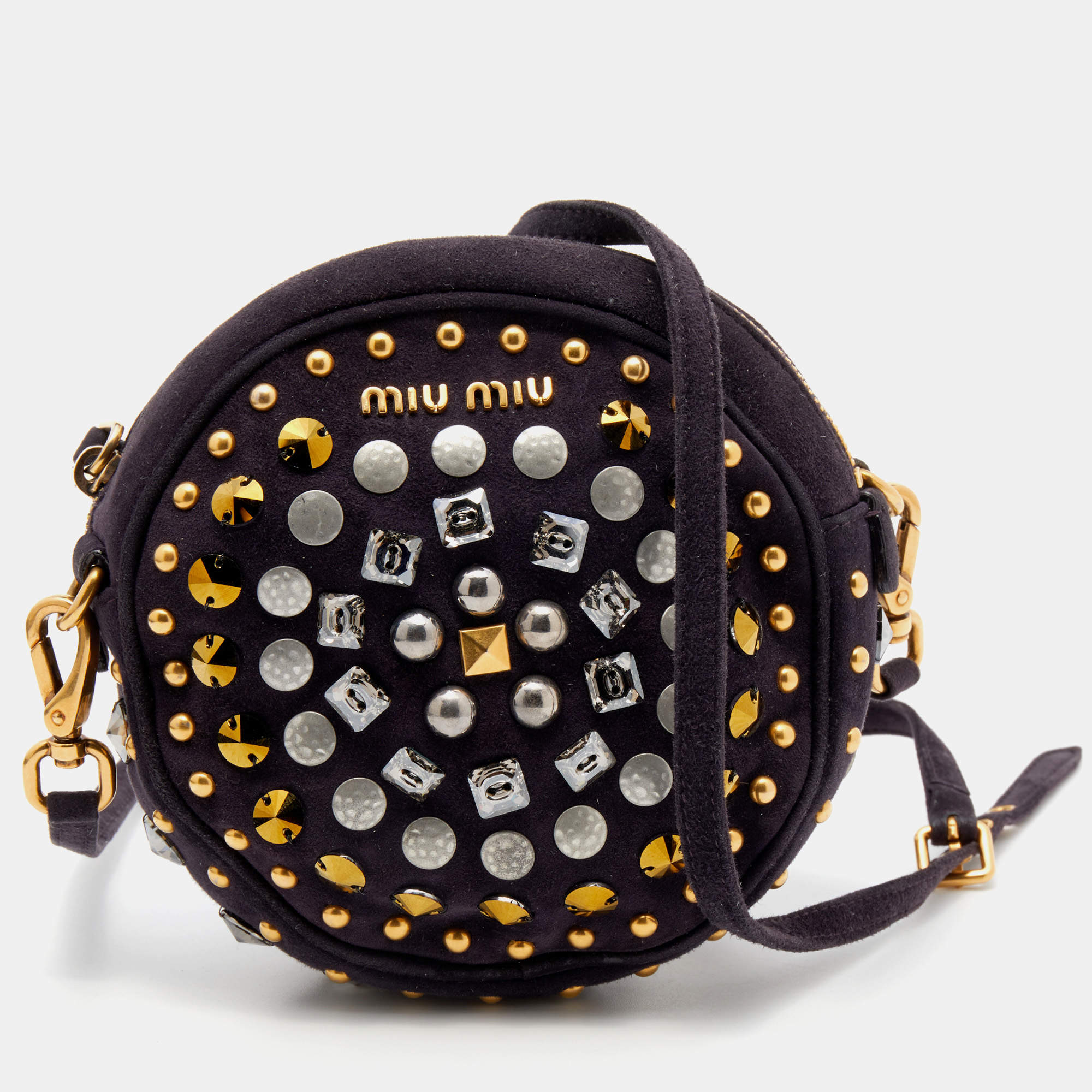 Miu Miu Plum Suede Studded Round Shoulder Bag