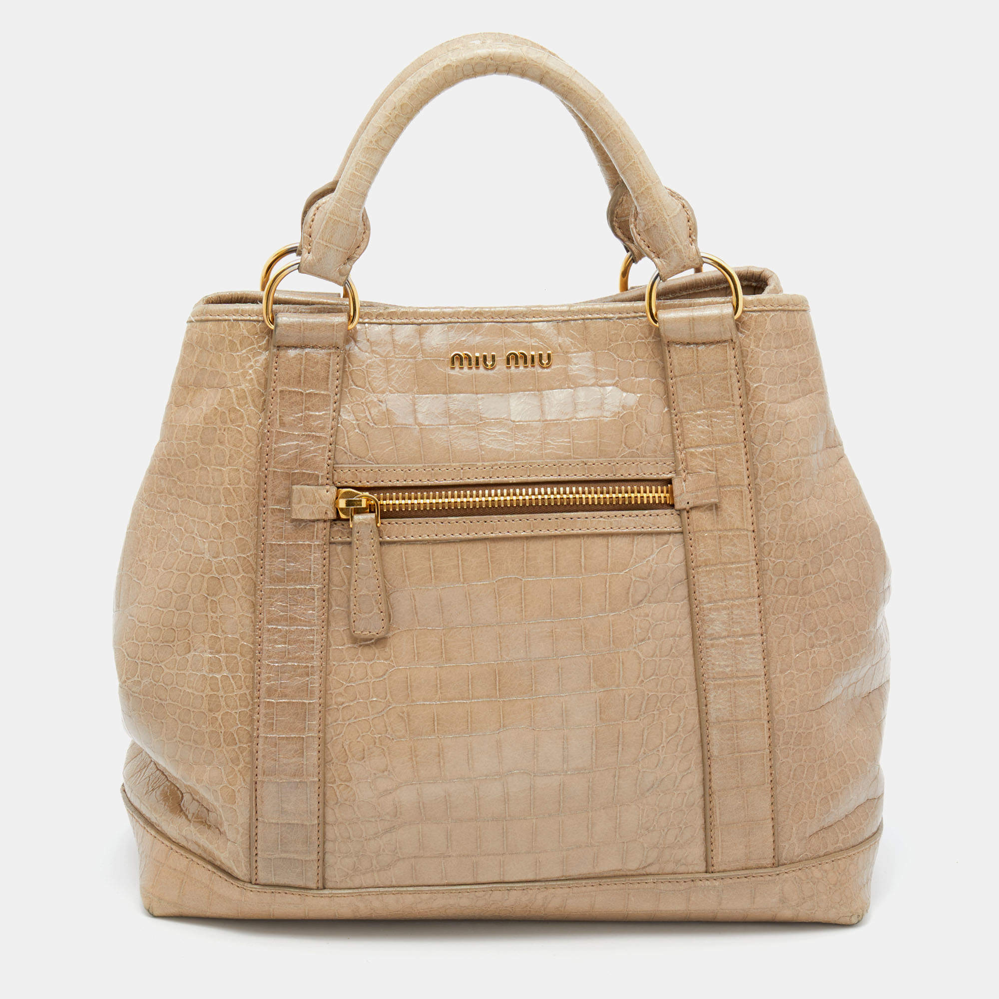 مملوكة مسبقًا حقيبة يد توتس ميو ميو جلد نقشة التمساح بيج بسحاب أمامي